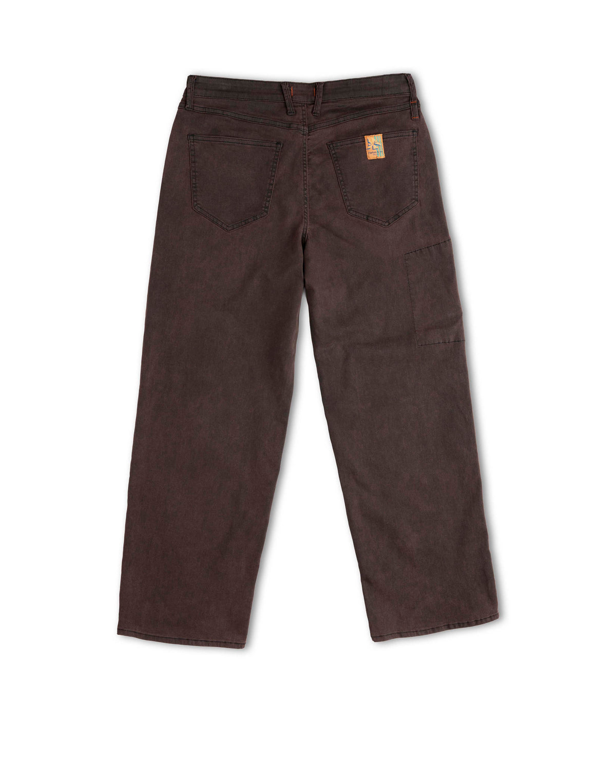 Brown pants with a brand logo on a white background