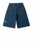 Blue denim shorts on a white background