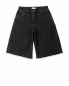 Black denim shorts on a white background