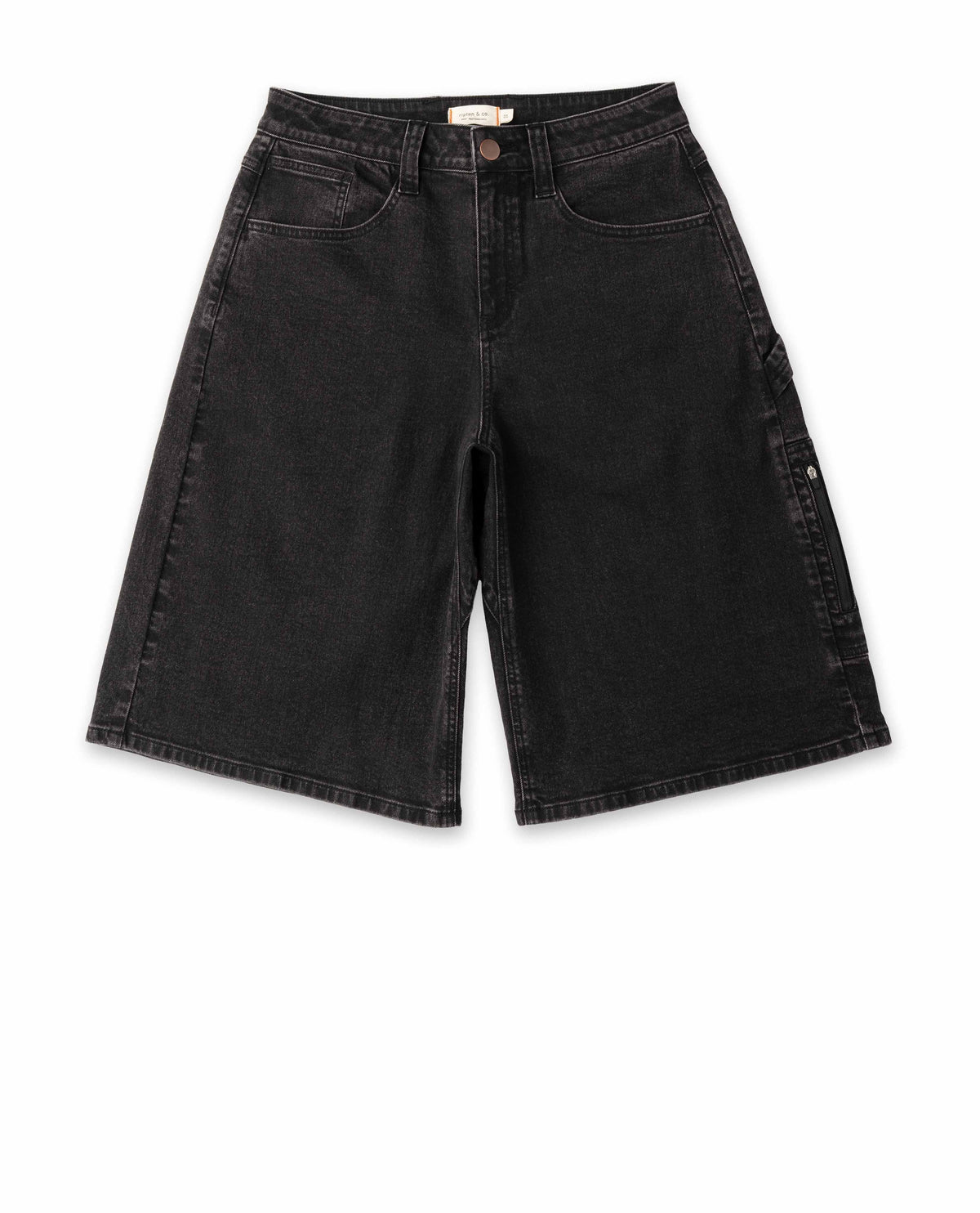 Black denim shorts on a white background