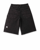 Black denim shorts on a white background