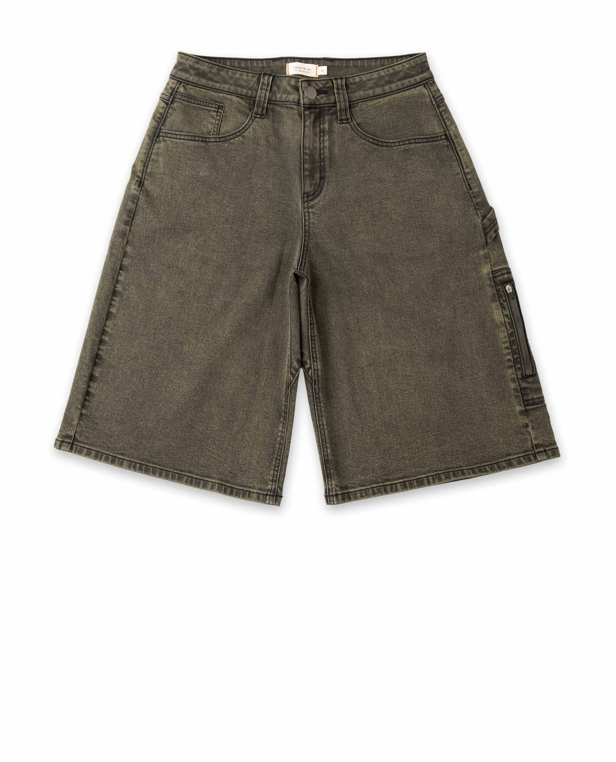 Green denim shorts on a white background