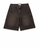 Black denim shorts on a white background