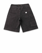 Black denim shorts on a white background