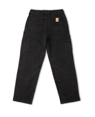 Black pants with a brand logo on a white background