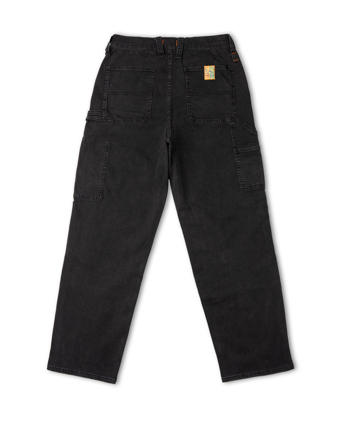 Black pants with a brand logo on a white background