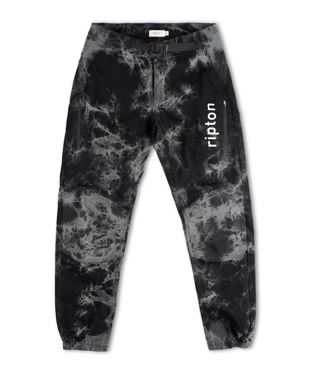 Black and gray tie-dye pants with 'ripton' branding on a white background