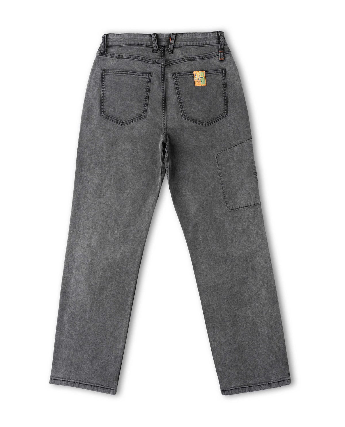 Gray jeans with a brand logo on a white background