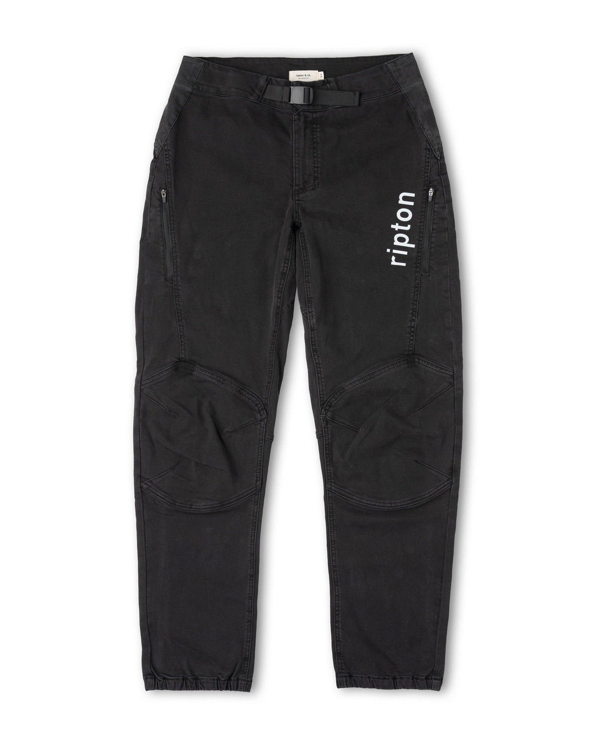 Black pants with 'ripton' branding on a white background