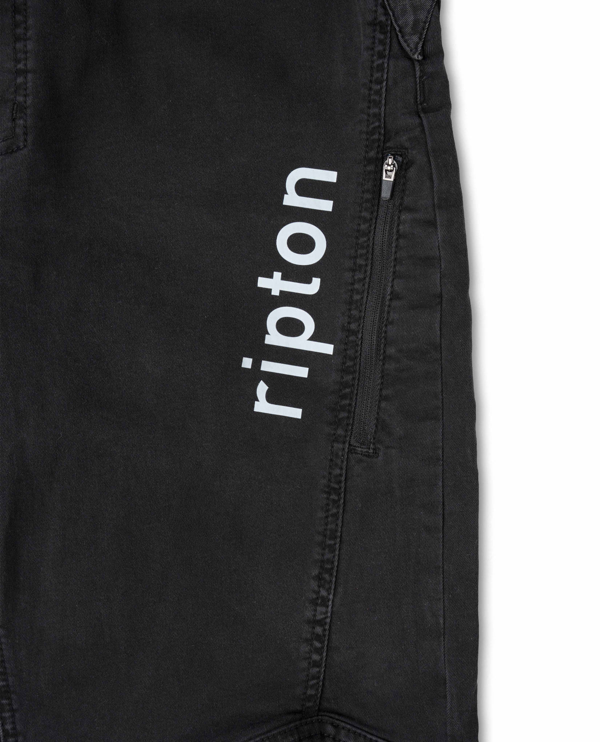 Black pants with 'ripton' logo on a white background