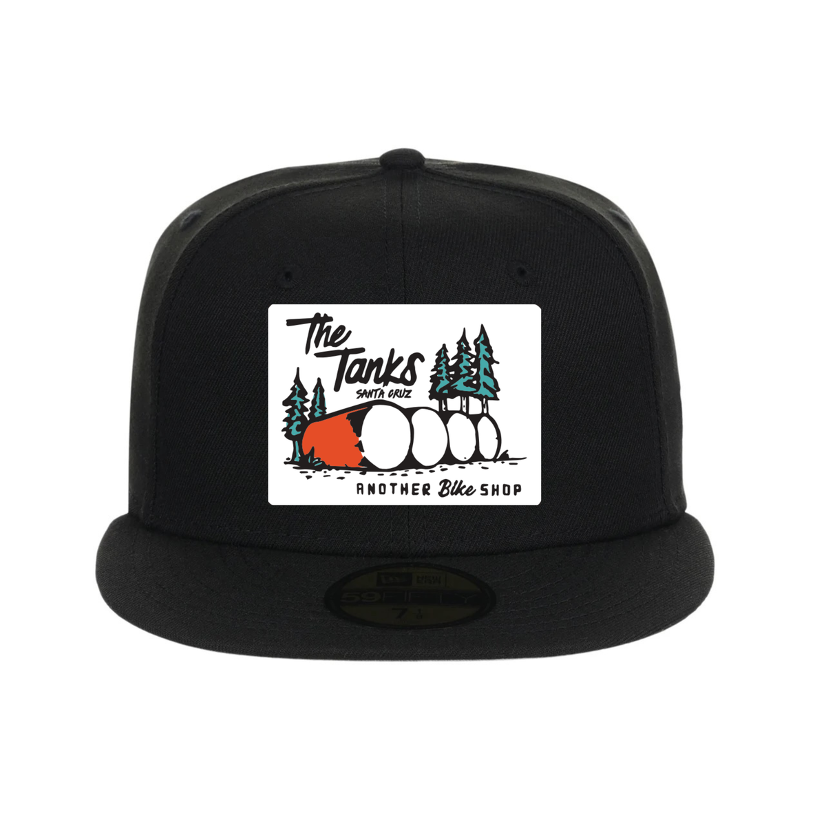 A black flat-brim snapback cap featuring a white rectangular graphic on the front with the text 'The Tanks Santa Ana' and 'Another Bike Shop' alongside a simple illustration of trees and bike wheels.
