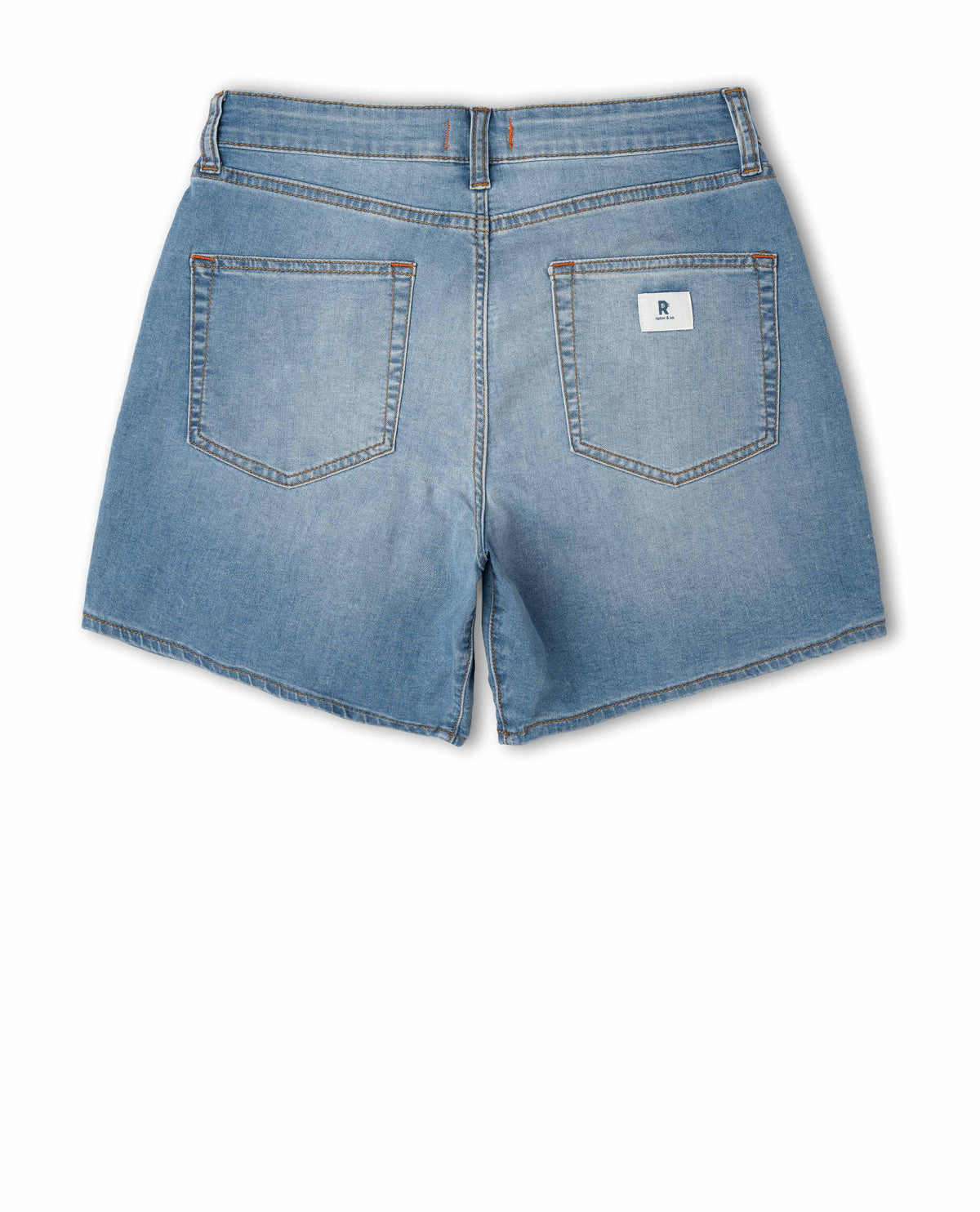 Back view of blue denim shorts on a white background