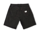 Black denim shorts with a brand logo on a white background