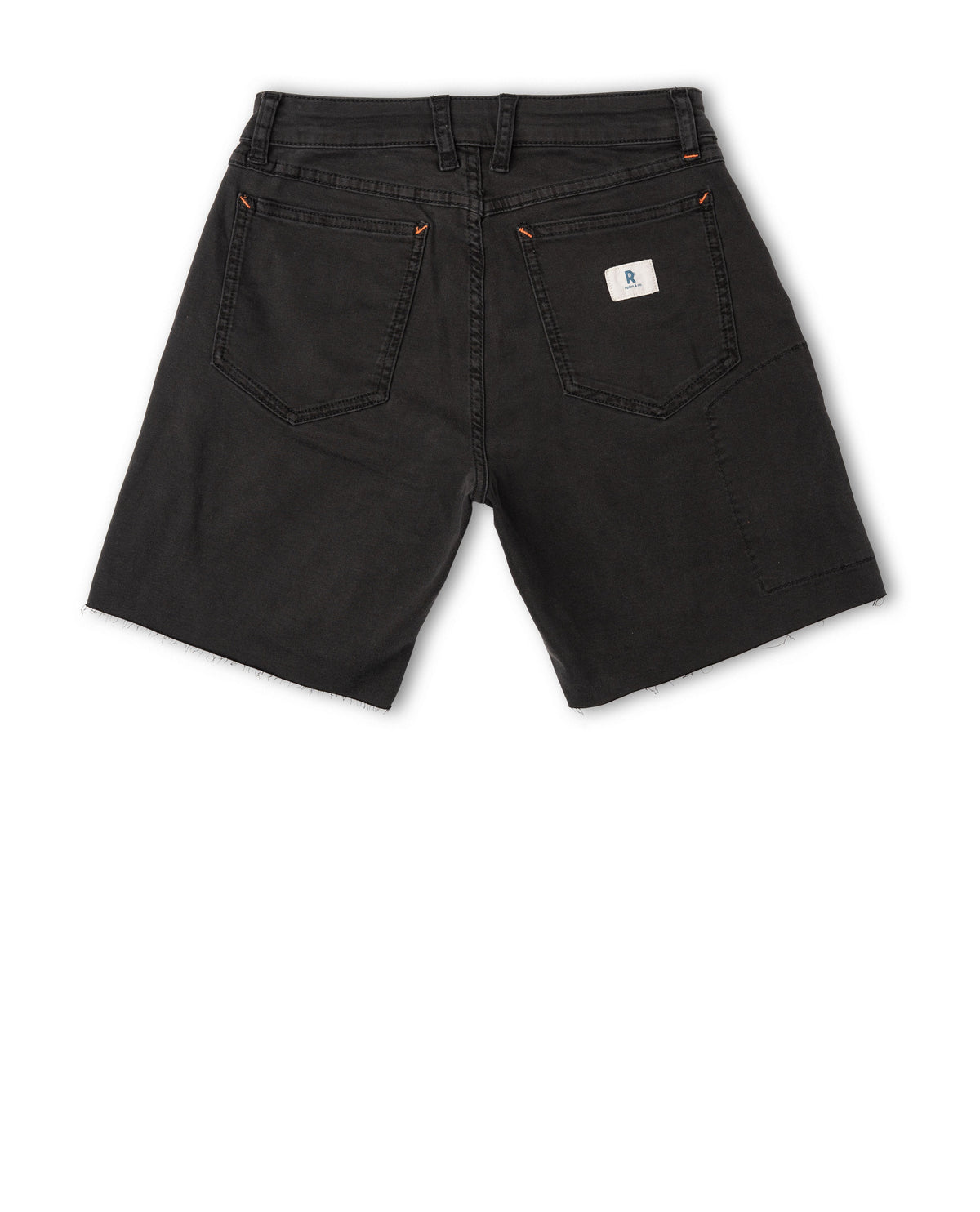 Black denim shorts with a brand logo on a white background