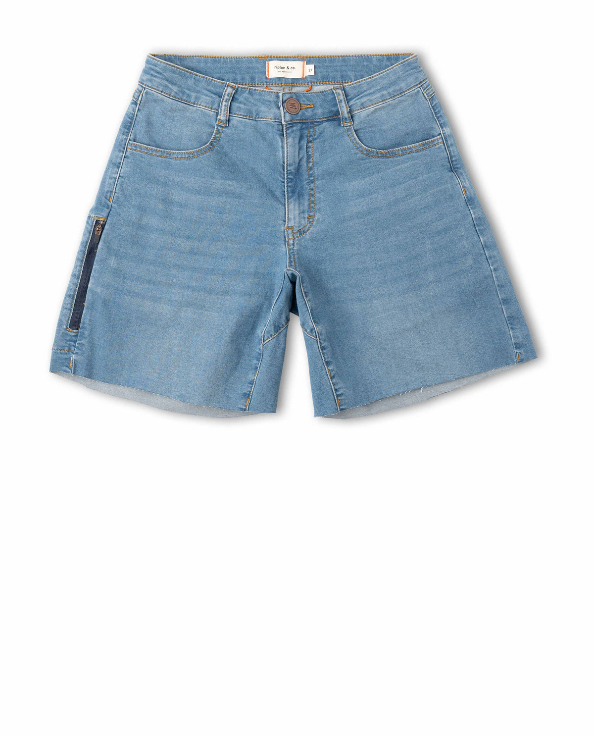 Blue denim shorts on a white background