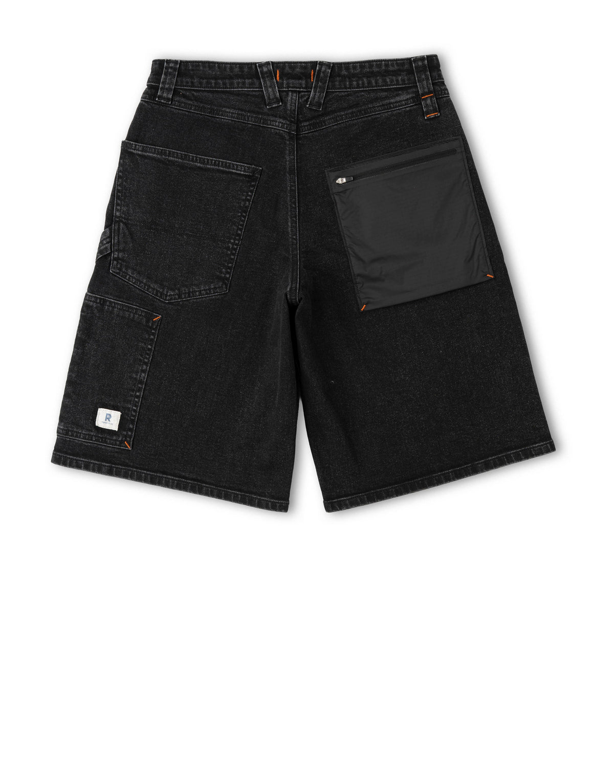 Black denim shorts on a white background