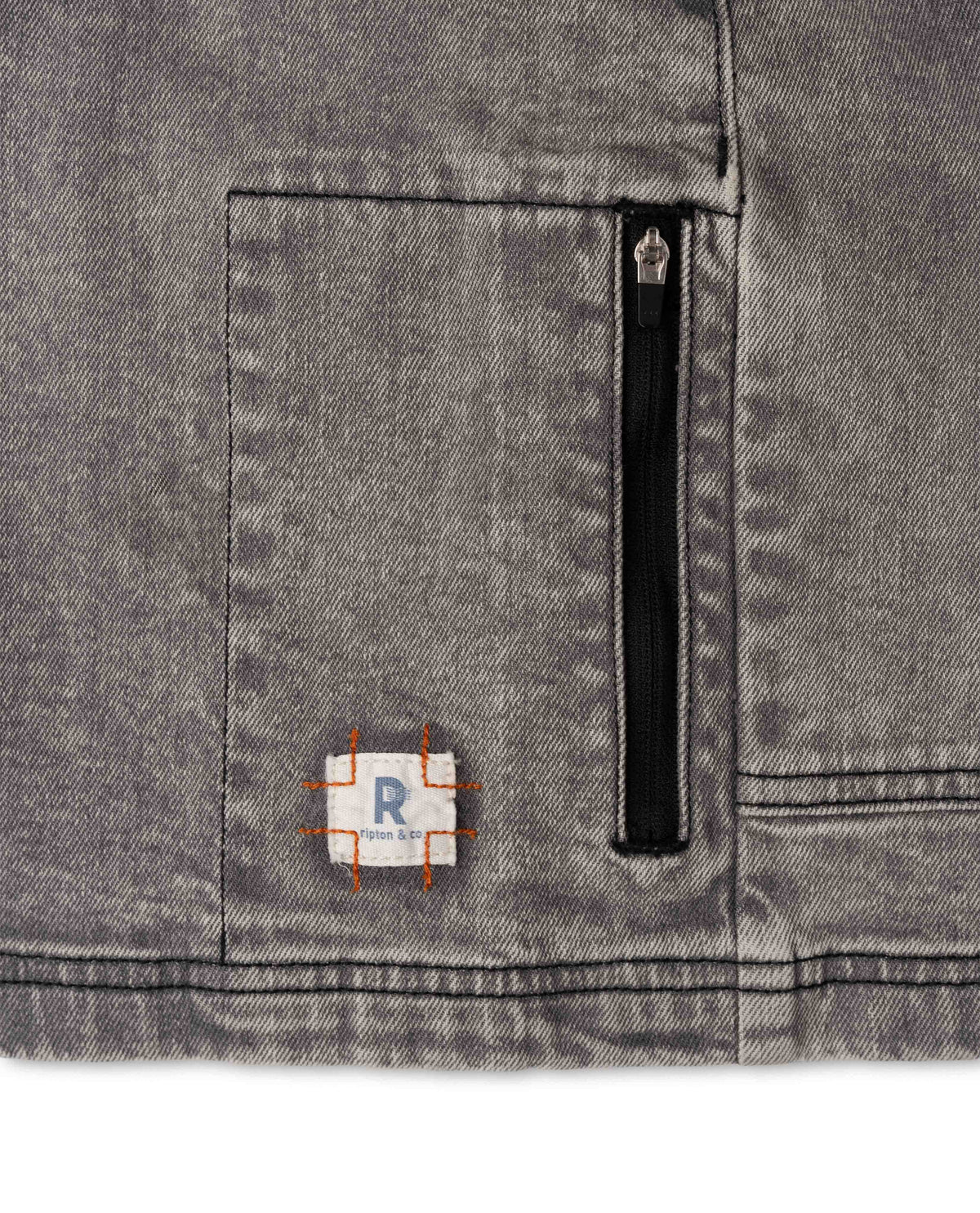Close-up of a gray fabric pocket with a zipper and a small patch on a white background