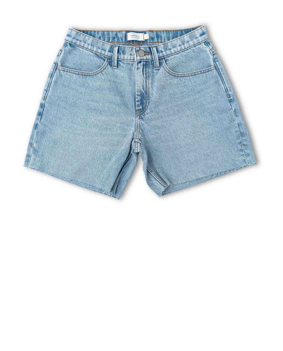 Front of light blue denim shorts on a white background.