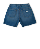 Back of blue denim shorts on a white background.