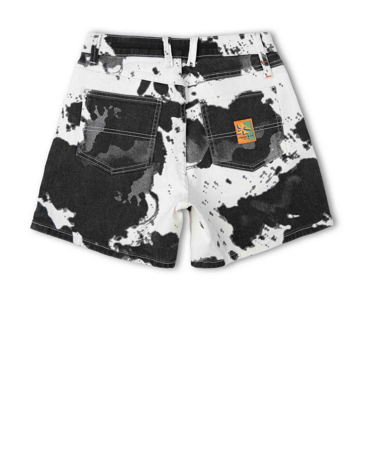 Black and white distressed denim shorts with a visible brand logo on a white background
