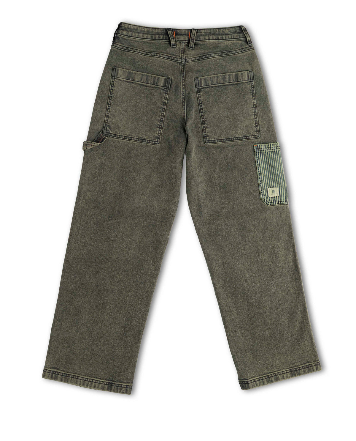 Pair of green work pants on a white background
