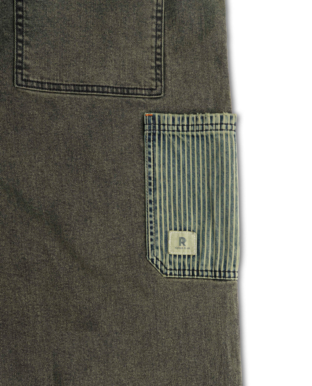 Close-up of a dark green denim pocket with a striped patch and brand logo on a white background