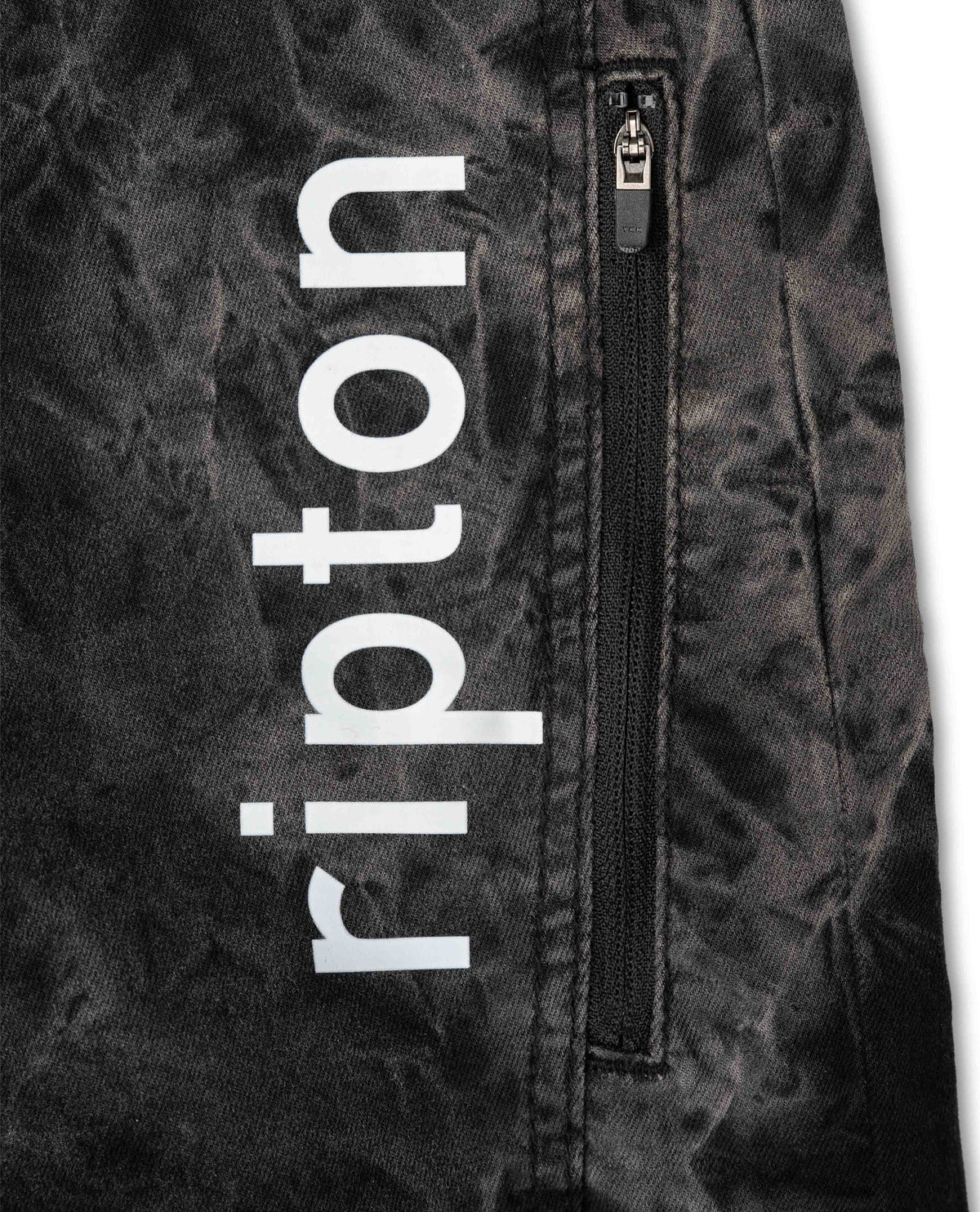 Close-up of a jacket with 'ripton' branding on a textured background