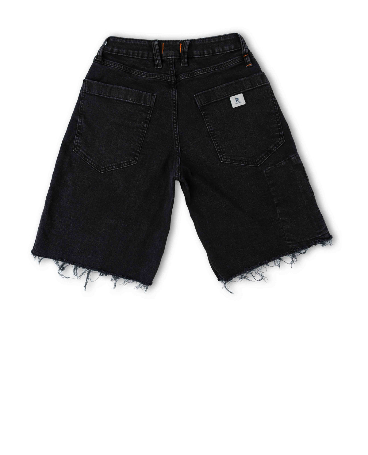 Black denim shorts on a white background