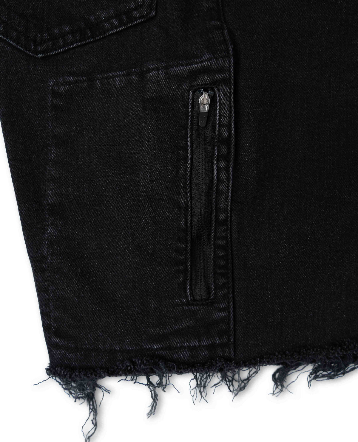 Close-up of a black denim jacket with frayed hem on a white background