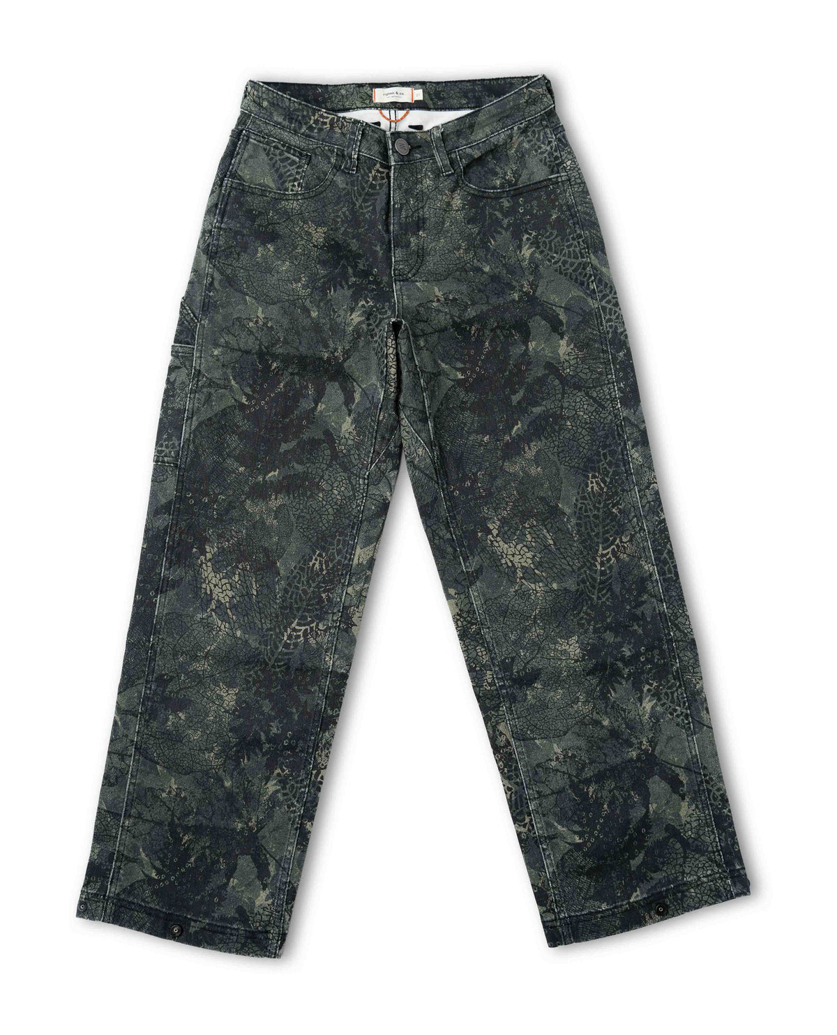 Studio photo of the front of green dark leaf camo pants on white background
