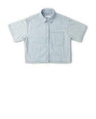 A light blue short-sleeve button-up shirt with a chest pocket, laid flat against a white background.