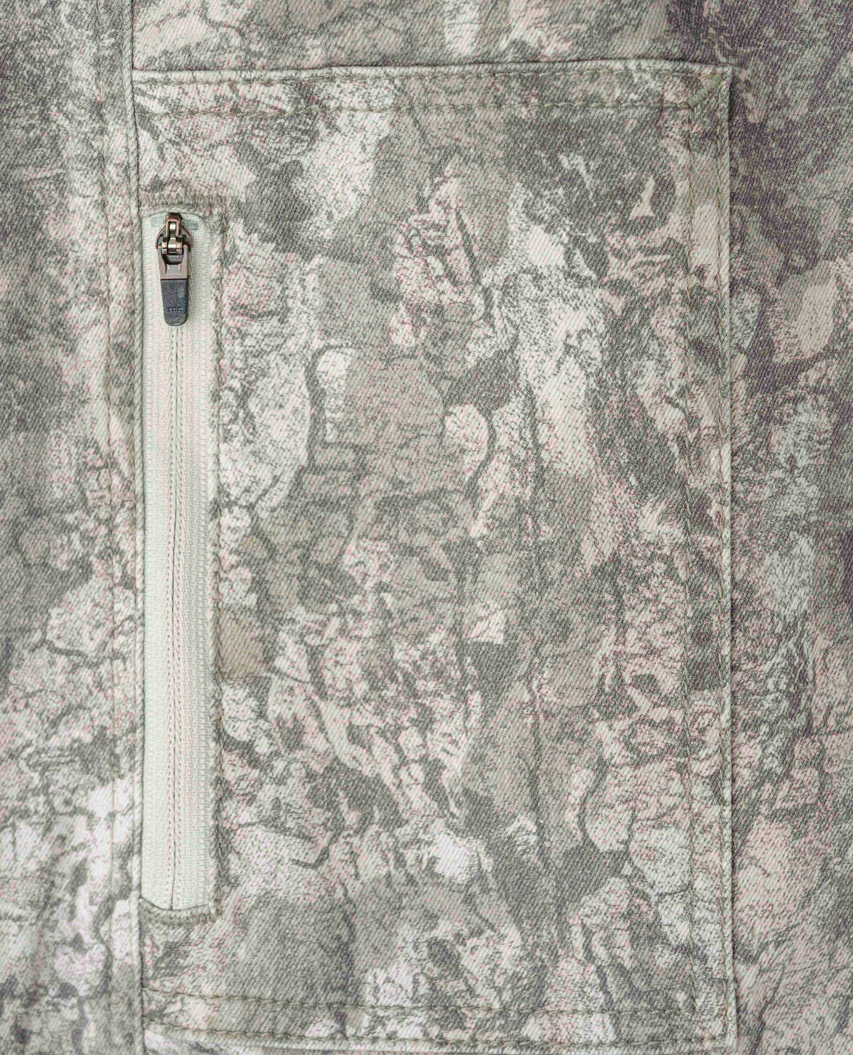 Close-up of a camouflage-patterned fabric with a zipper pocket.