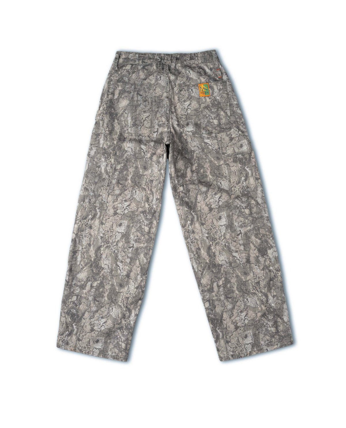 Camouflage pants with a logo on a white background