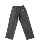 Black denim jeans on a white background