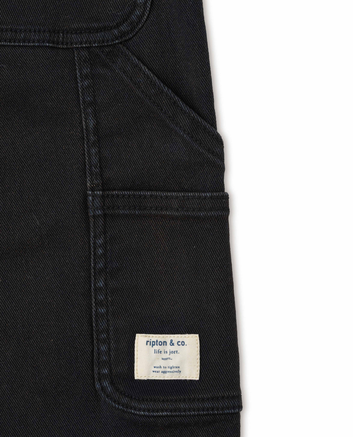 Black utility pants pocket detail in studio