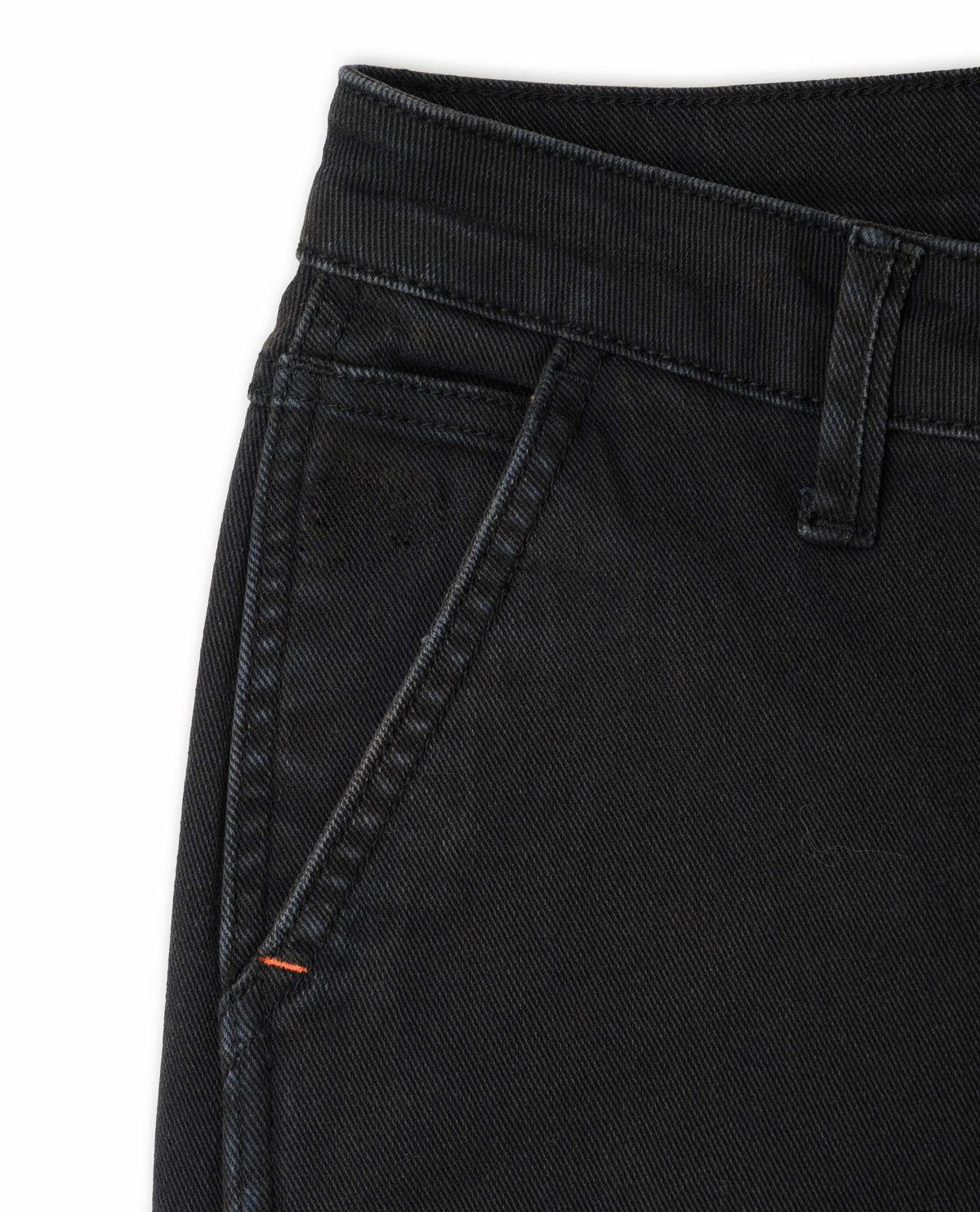 Close-up of black jeans with a white background