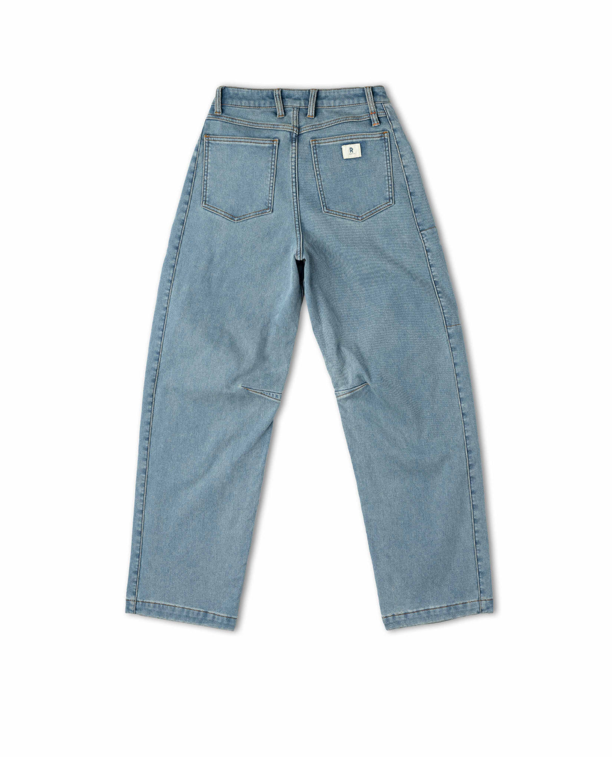 Light blue denim jeans on a white background