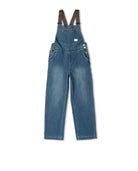 Blue denim overalls with brown straps on a white background