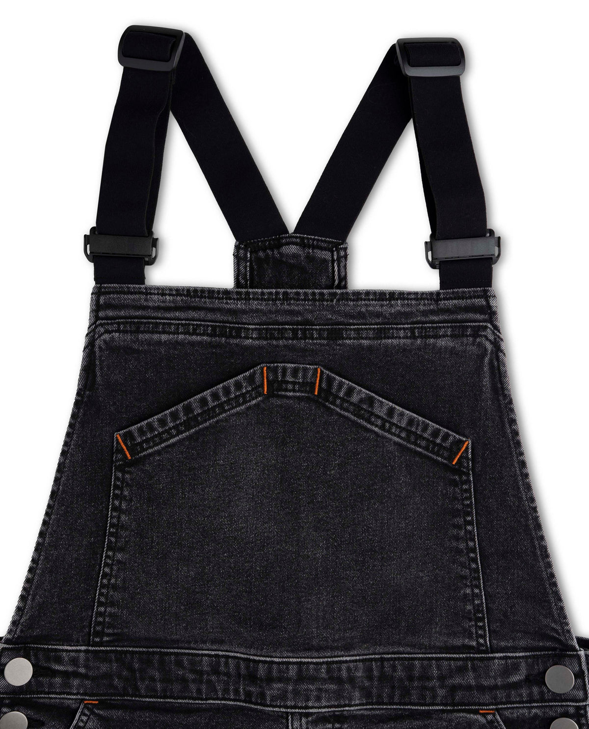 Black denim overalls with suspenders on a white background