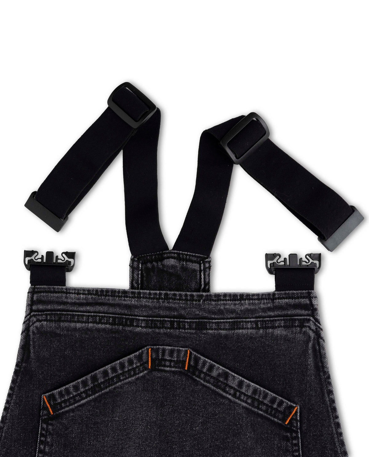 Black denim overalls with suspenders on a white background