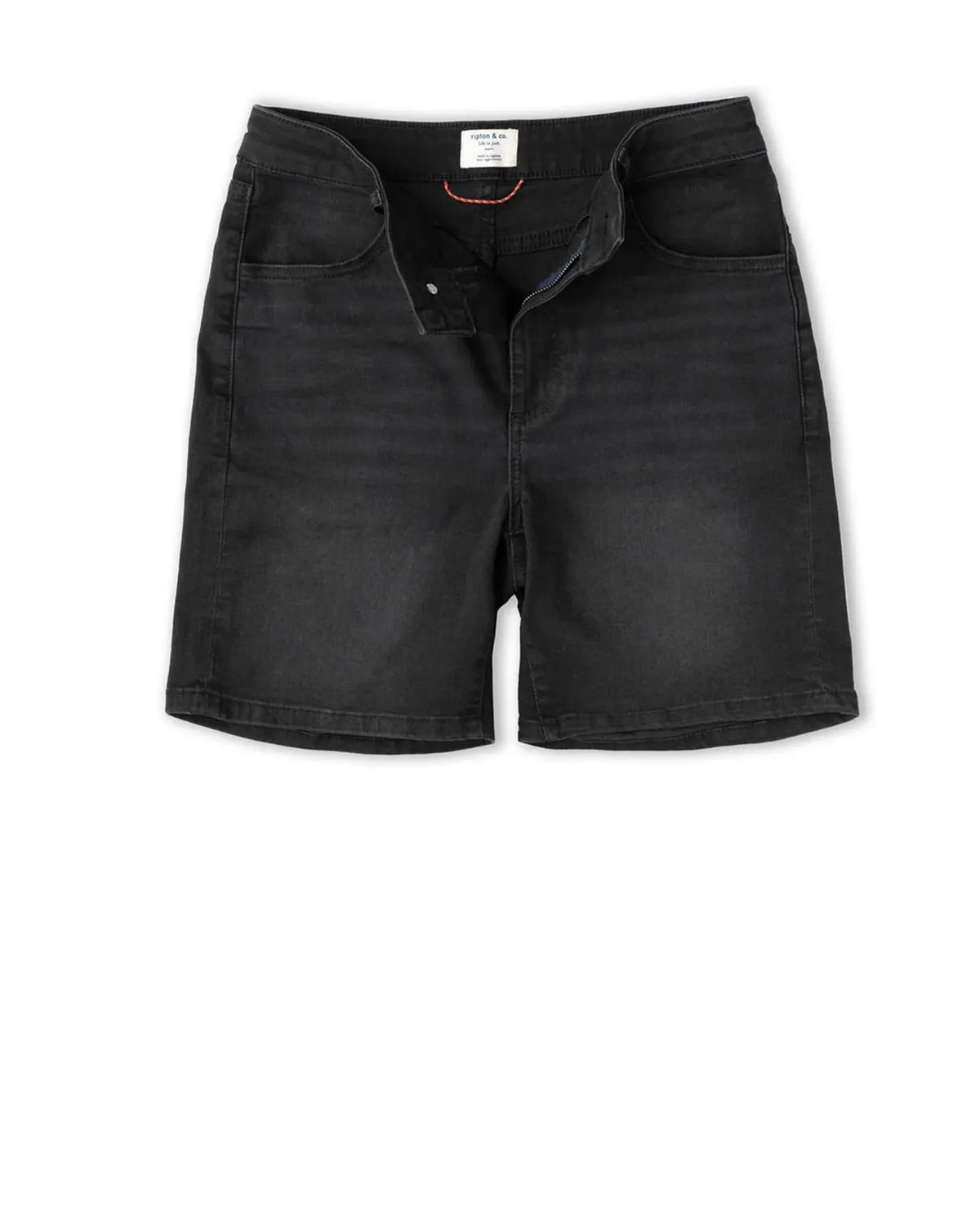 Black denim shorts on a white background