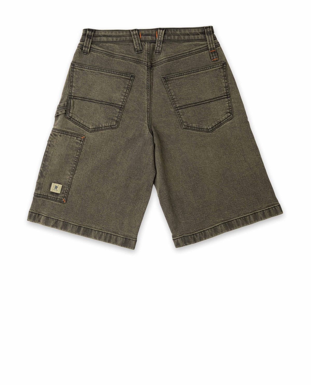 Green denim shorts on a white background