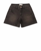 Front of dark brown shorts with pockets on white background