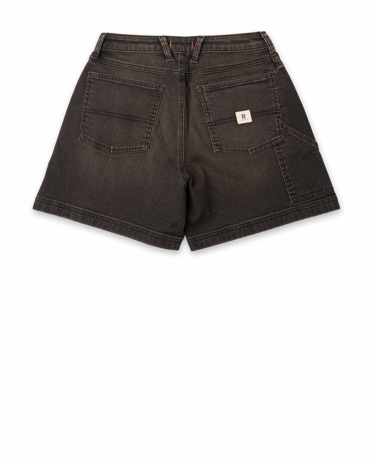 Back of dark brown shorts with pockets on white background