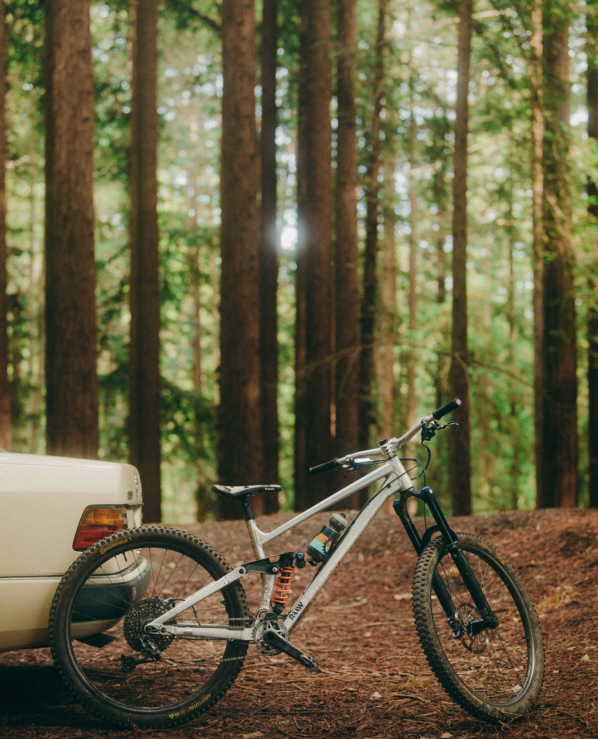White bicycle leaning against a white truck in a forest setting